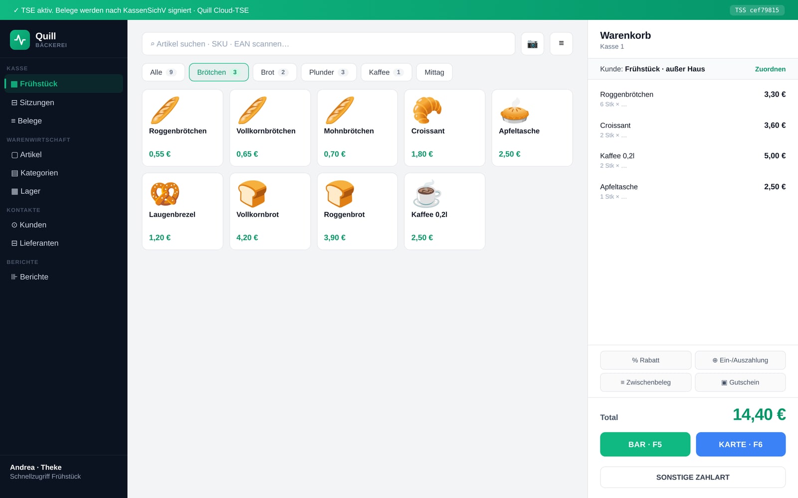 Quill-Kassenoberfläche mit Bäckerei-Sortiment, Demo-Instanz