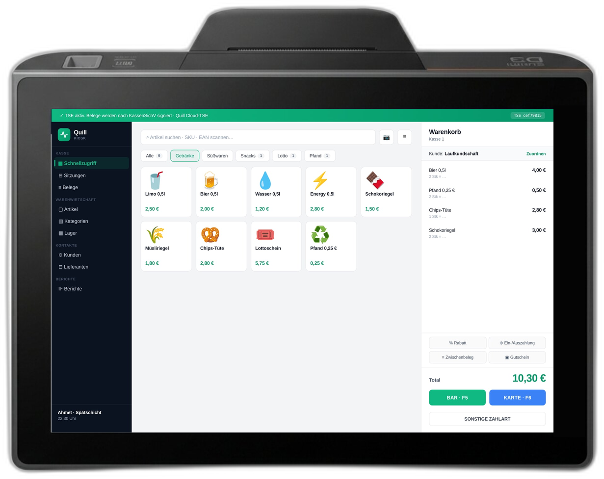 KI-generiert: Sunmi D3 mini mit der Quill-Kassenoberfläche für Kiosk- und Festbetrieb: Getränke, Snacks und Pfand im Schnellzugriff. Mit KI erzeugte Produktdarstellung, der Bildschirminhalt ist ein echter Screenshot aus der Quill-Demo-Instanz.